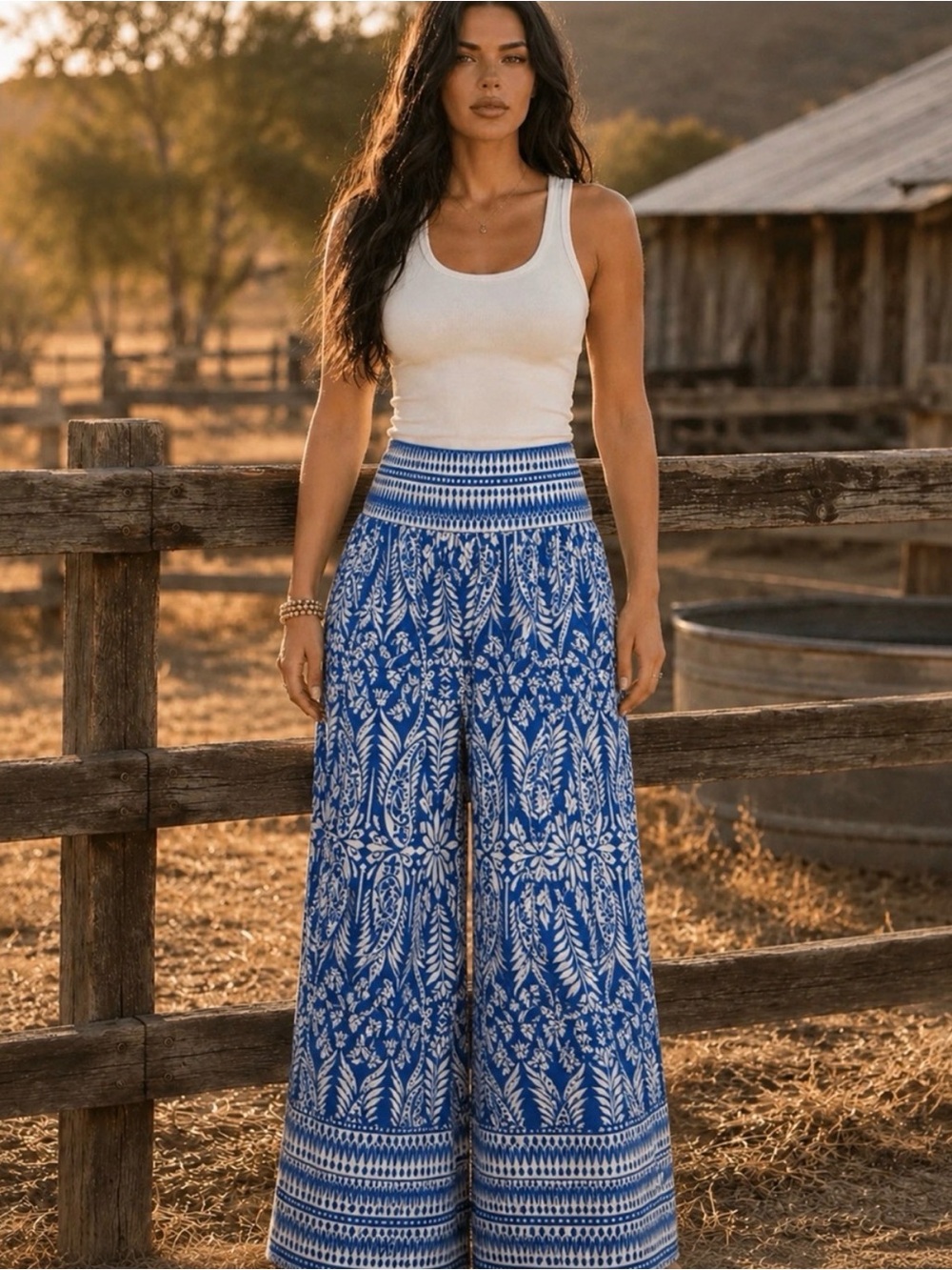 Boho Wide-Leg Printed Pants - Blue